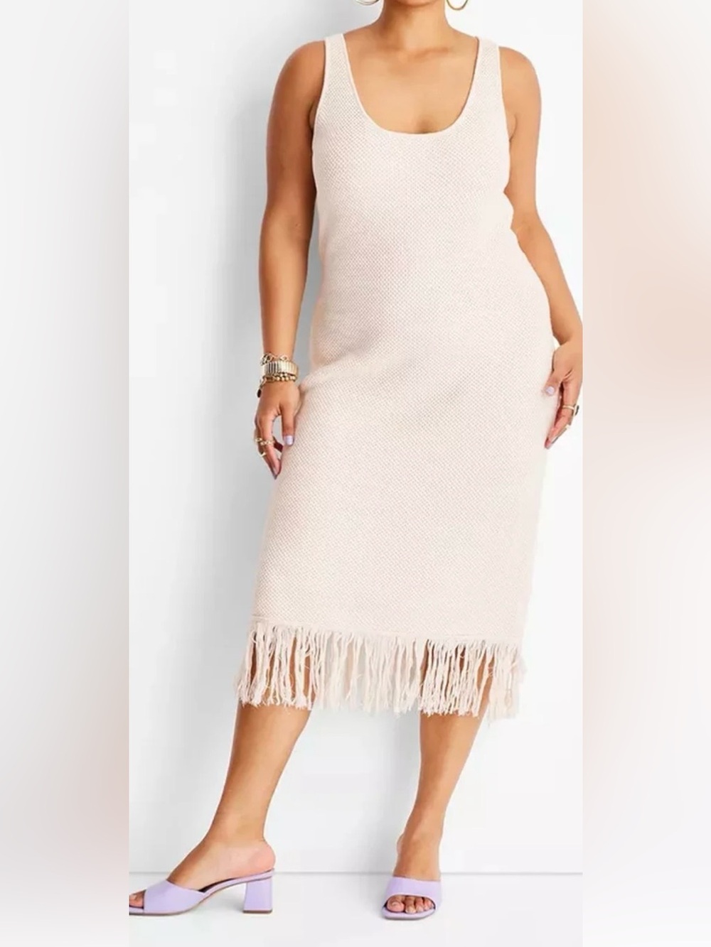 Sleeveless Fringe Midi Knit Dress - Light Blush